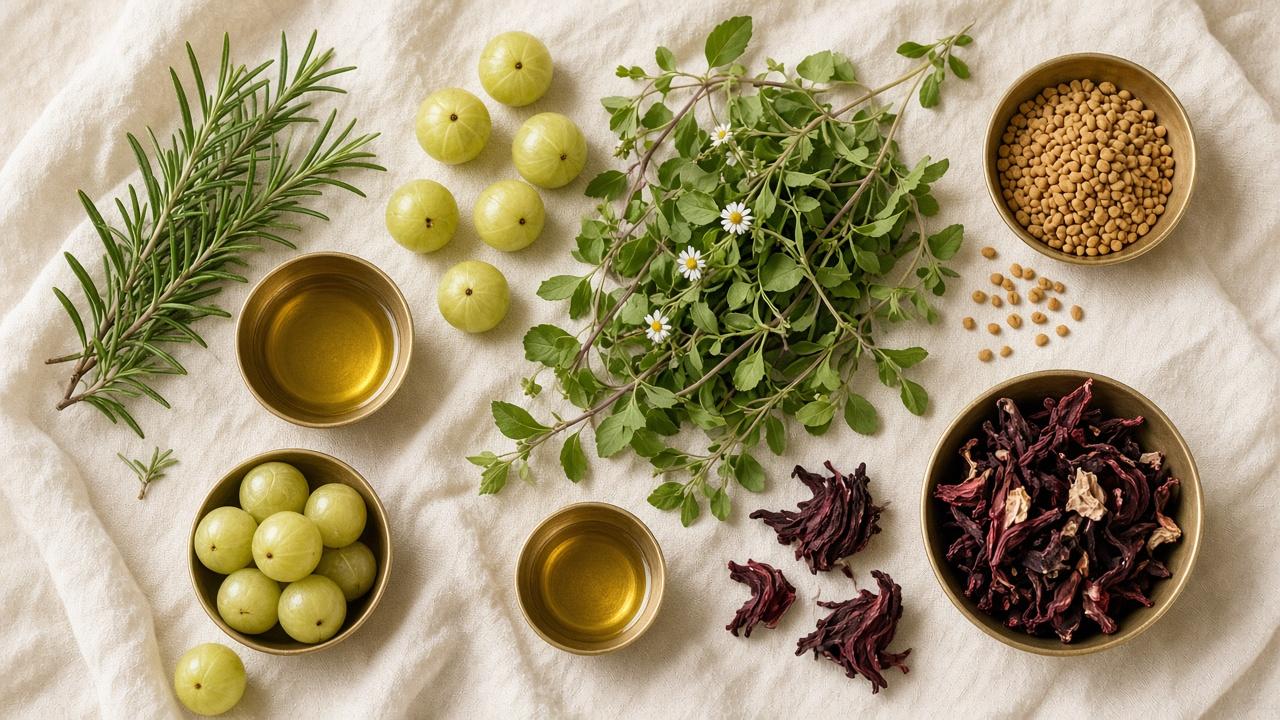 Flat lay of hair-care botanicals — rosemary, amla, herbs, seeds and bowls of golden oil on linen