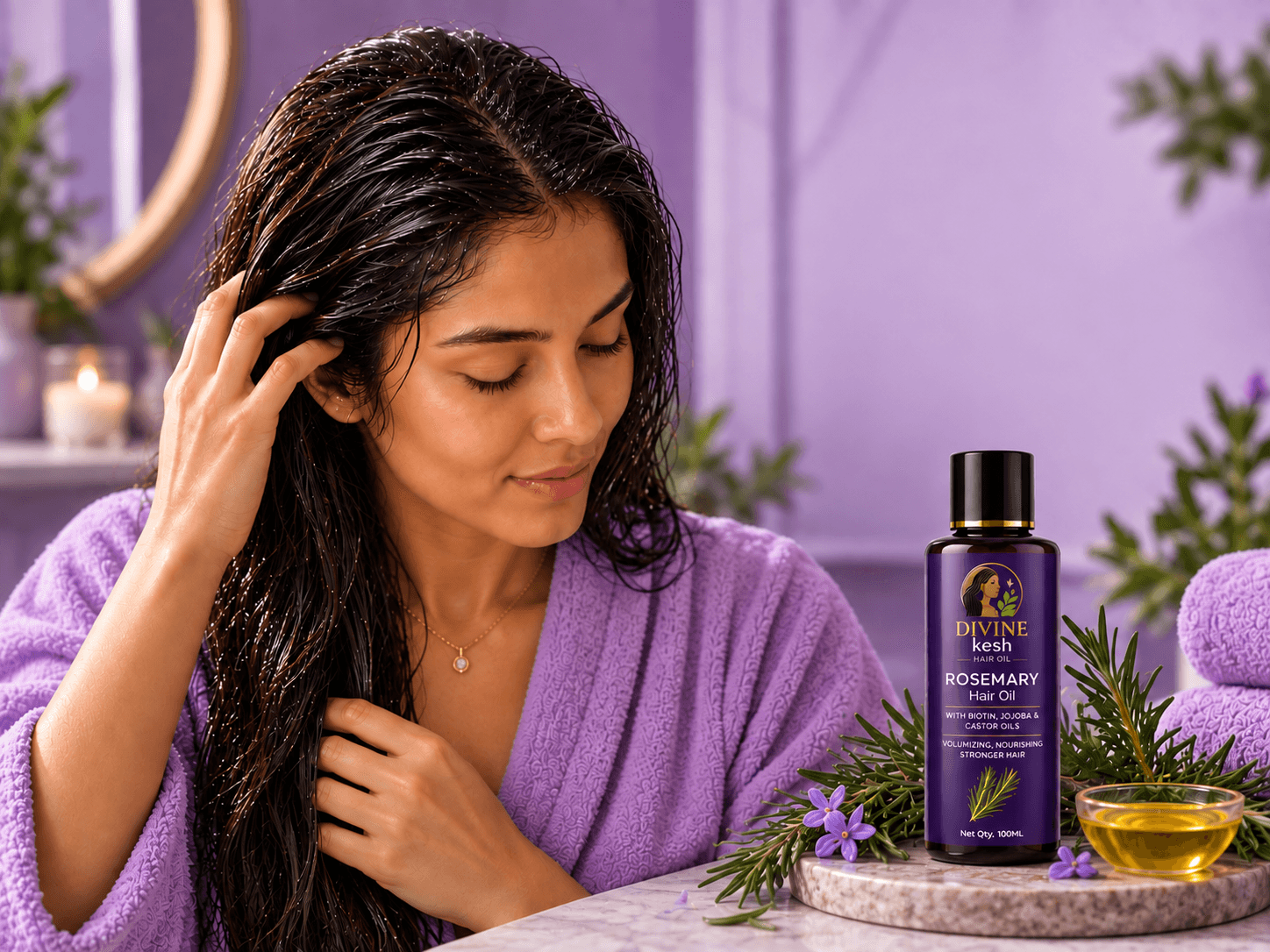 Lengths of hair soaking in a bowl of golden rosemary hair oil, with rosemary sprigs alongside