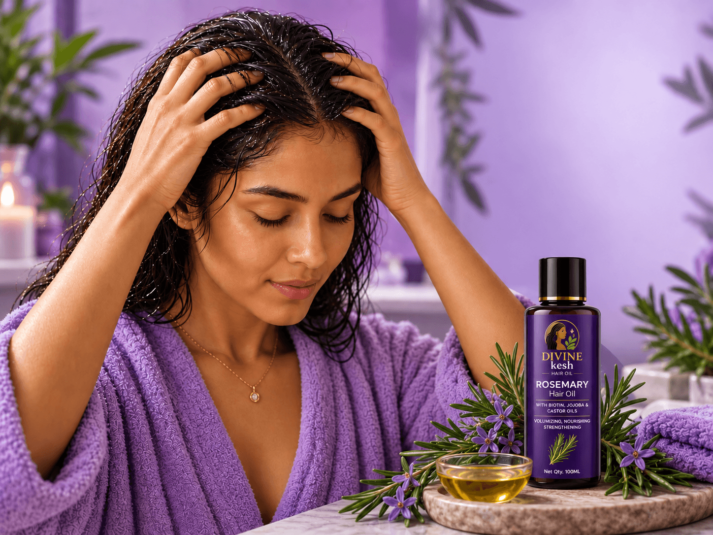 A woman massaging the oil into her scalp with both hands, eyes closed