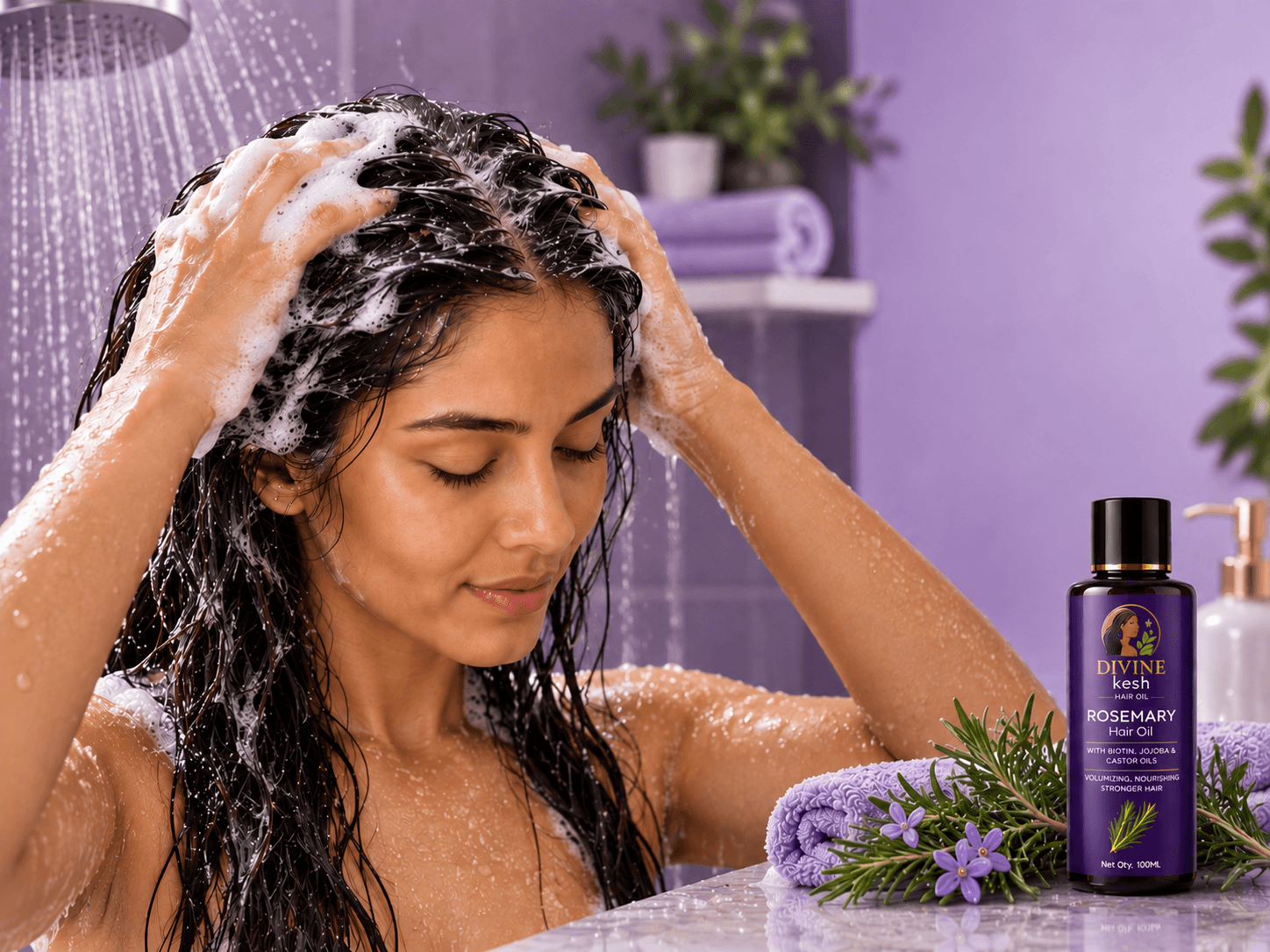 A woman lathering shampoo through her hair under a running shower